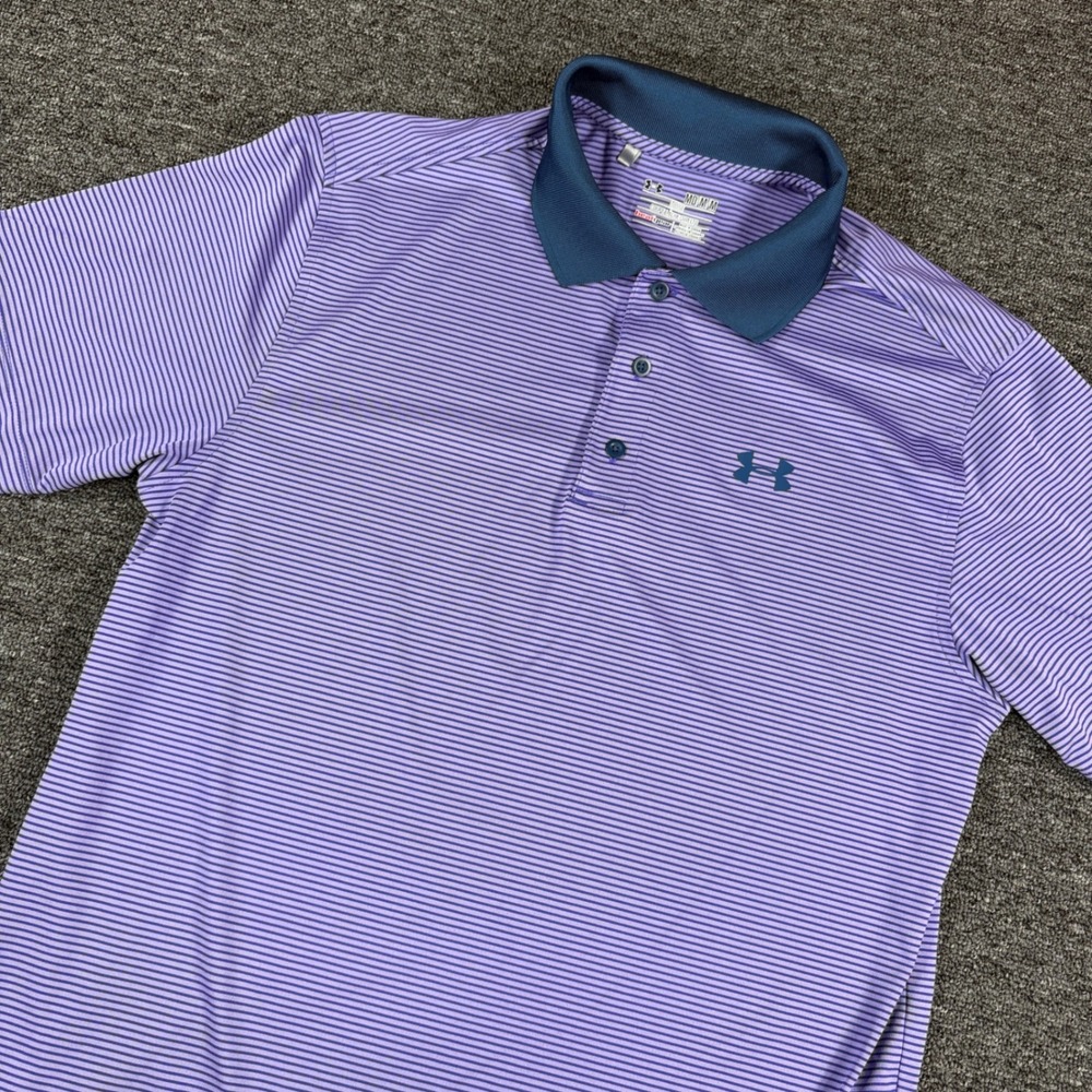Under Armour Polo Mens Medium Purple Striped HeatGear Loose Fit Short Sleeve